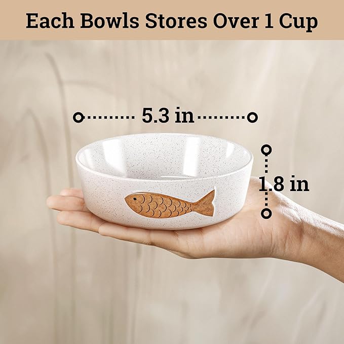 Ceramic Cat Bowls Whisker Friendly - Ceramic Cat Bowl Set of 2 Cute Designs with Anti-Slip Bases - Dishwasher &amp; Microwave Safe Food and Water Bowls for Cats - Dishes for Cats - Kitten Food Bowl Set