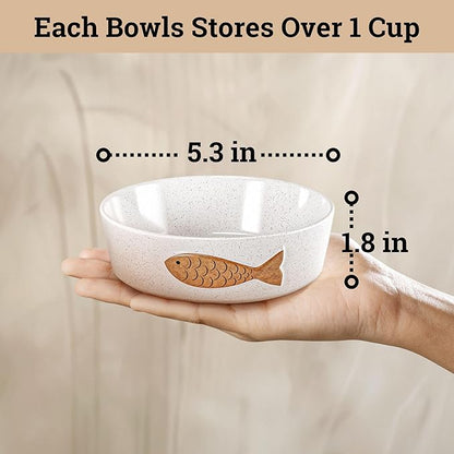 Ceramic Cat Bowls Whisker Friendly - Ceramic Cat Bowl Set of 2 Cute Designs with Anti-Slip Bases - Dishwasher &amp; Microwave Safe Food and Water Bowls for Cats - Dishes for Cats - Kitten Food Bowl Set