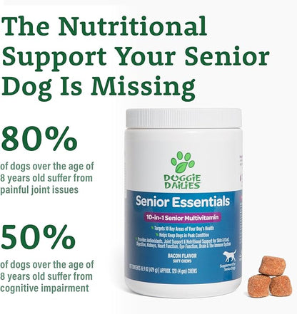 Doggie Dailies Senior Essentials Multivitamin for Dogs Soft Chews | Advanced Dog Multivitamin | Nutritional Support for Joints, Skin &amp; Coat, Digestion, and the Immune System | Bacon Flavor | 120 Count