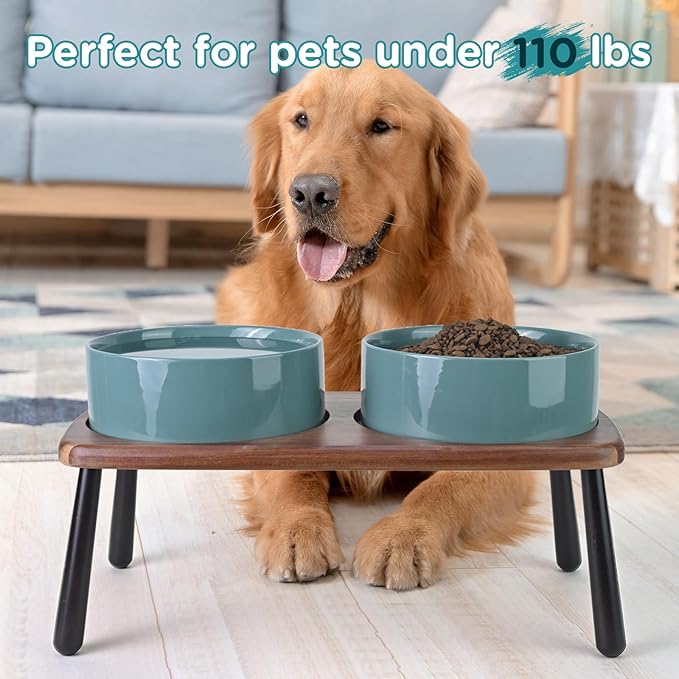 SPUNKYJUNKY Ceramic Elevated Dog Bowls Raised with Acacia Bamboo Wooden Stand, 8.3&