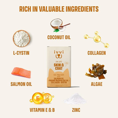 ivvi Skin &amp; Coat for Cats – Functional Creamy Snack with Salmon Oil, Algae Oil, Zinc, Collagen &amp; Biotin – Supports Skin and Fur Health – 30 x 0.53 oz Sachets – with Real Tuna