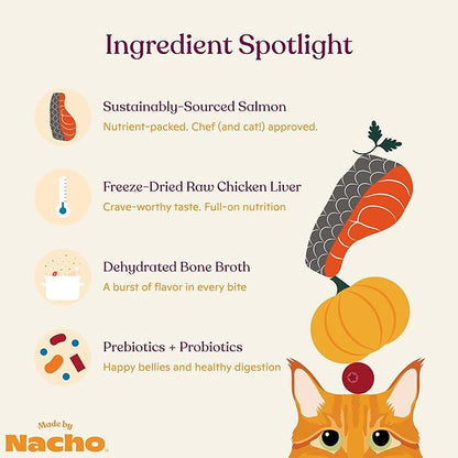 Made by Nacho Dry Cat Kibble 4lb Bag, High Protein Premium Cat Food with Freeze Dried Pieces, Sustainably-Caught Salmon, Whitefish &amp; Pumpkin, Limited Ingredients, Single Bag