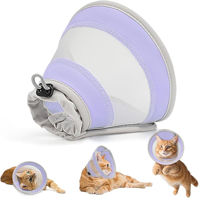 Breathable Air Mesh Cat Cone Collar Soft to Stop Licking, Adjustable, Foldable Lightweight Kitten Cones After Surgery Recovery for Cats &amp; Kittens (Light Purple,M)