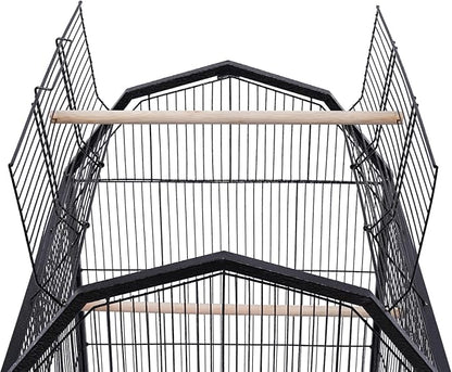40-Inch Wrought Iron Bird Cage with Open-Top and Rolling Stand, Movable Parrot Cage Pet Bird Flight Cage, 360 Degree View Spacious Interactive Roof Pet Bird House for Medium&amp;Small Birds
