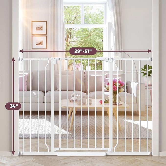 34" Extra Tall Baby Gate for Stairs, Auto Close Stroller Friendly Dog Gate Indoor for Doorways, Pressure Mounted 29"-51" W Baby Gate, Easy Walk Through Gate for Children &amp; Pets, White