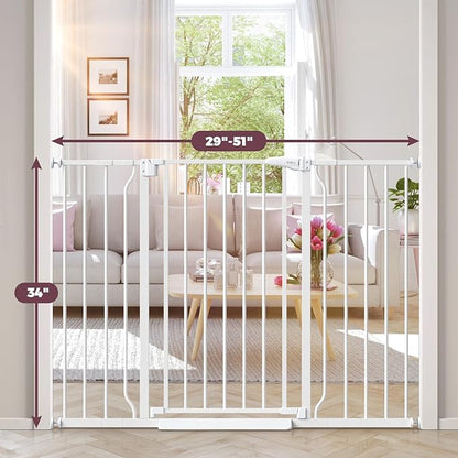 34" Extra Tall Baby Gate for Stairs, Auto Close Stroller Friendly Dog Gate Indoor for Doorways, Pressure Mounted 29"-51" W Baby Gate, Easy Walk Through Gate for Children &amp; Pets, White