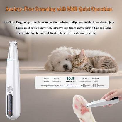 2 Mode Paw Trimmer for Dogs &amp; Cats - Electric Quiet Dog &amp; Cat Grooming Trimmer, Rechargeable Clipper with LED Light, 2 Blades, Waterproof for Paws/Ears/Face