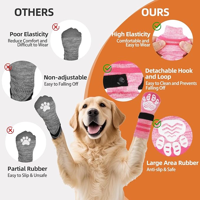 PUPTECK Non-Slip Dog Socks to Prevent Licking Paws, Double Sides Dog Boots &amp; Paw Protectors Booties on Hardwood Floors Hot Pavement with Grippers, for Small Medium Large Senior Dogs, Fuchsia M