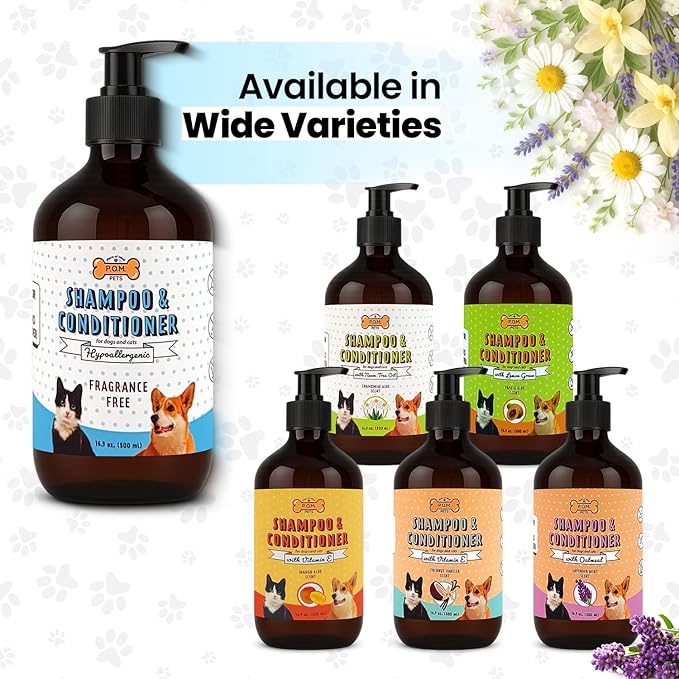 POM Pets 2-in-1 Organic Dog Shampoo &amp; Conditioner – Itchy Skin Relief, Dog Deshedding, Detangles Fur, Cat Shampoo, Paw Cleaner for Dogs, Natural Coat Defense Formula