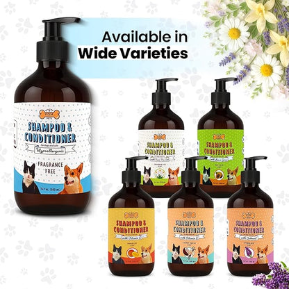 POM Pets 2-in-1 Organic Dog Shampoo &amp; Conditioner – Itchy Skin Relief, Dog Deshedding, Detangles Fur, Cat Shampoo, Paw Cleaner for Dogs, Natural Coat Defense Formula