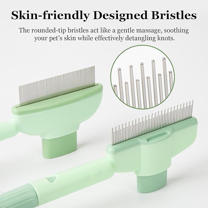Pet Comb for Cats &amp; Dogs, One-Touch Hair Release Button, Dense-Tooth &amp; Mixed-Length Teeth 2-Piece Set, for Long &amp; Short Hair, Gentle Pain-Free Design (Green)