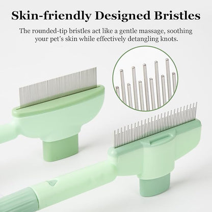 Pet Comb for Cats &amp; Dogs, One-Touch Hair Release Button, Dense-Tooth &amp; Mixed-Length Teeth 2-Piece Set, for Long &amp; Short Hair, Gentle Pain-Free Design (Green)