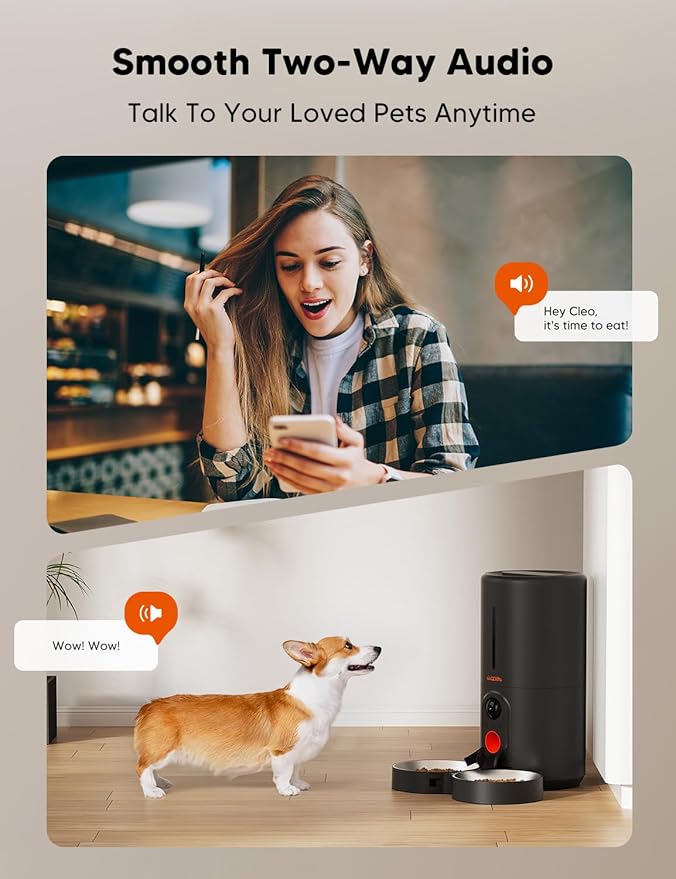 WOPET Automatic Cat Feeder with Camera for Two Cats, 6L Automatic Dog Feeder with HD Video and Night Vision, 5G/2.4G WiFi Pet Feeder for Cats &amp; Dogs, SD Card Storage &amp; 2-Way Audio