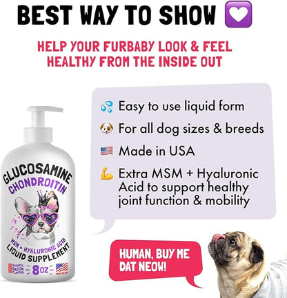 Liquid Glucosamine for Dogs Bacon Flavour with Chondroitin, MSM &amp; Hyaluronic Acid K9 Supplement Hip and Joint Formula Advanced Mobility Joint Pain Relief Senior Advanced Supplement for All Breeds