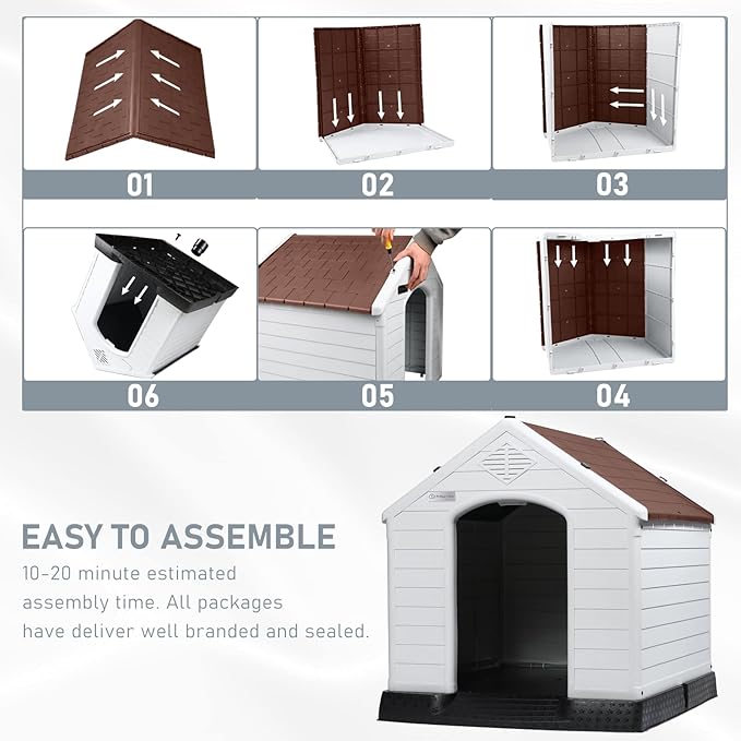 LEMBERI Durable Waterproof Plastic Dog House for Small to Large Sized Dogs, Indoor Outdoor Doghouse Puppy Shelter with Elevated Floor, Easy to Assemble (Brown, 42&