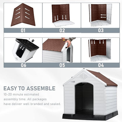LEMBERI Durable Waterproof Plastic Dog House for Small to Large Sized Dogs, Indoor Outdoor Doghouse Puppy Shelter with Elevated Floor, Easy to Assemble (Brown, 42&
