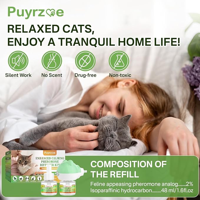 Cat Calming Diffuser with Three Timing Functions, 3-in-1 Cat Pheromones Calming Diffuser Kit, 60-Day Anxiety Relief, Stress Reduction &amp; Relaxation for All Cats (1 Diffuser + 2 Refills)