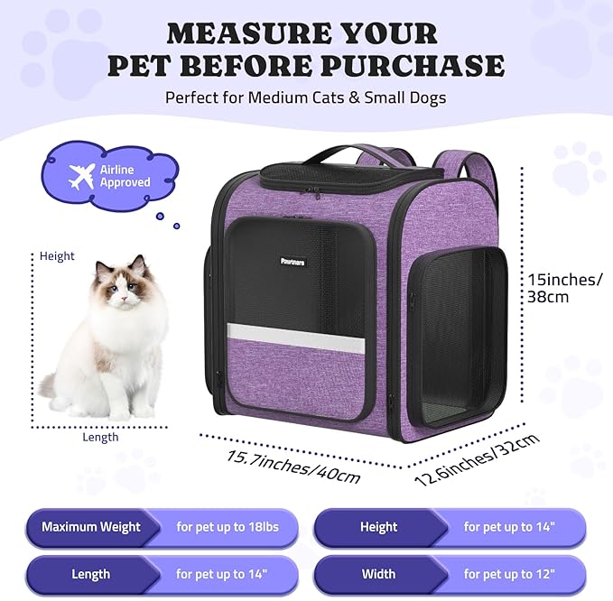 Pawtners Dog Carrier Backpacks Large Cat Backpack with Anti-Scratch Mesh, Foldable Designed Pet Backpack Carrier for Kitten Small Dogs &amp; Large Cats Up to 18 Lbs, Dog Carrier for Travel Outdoor