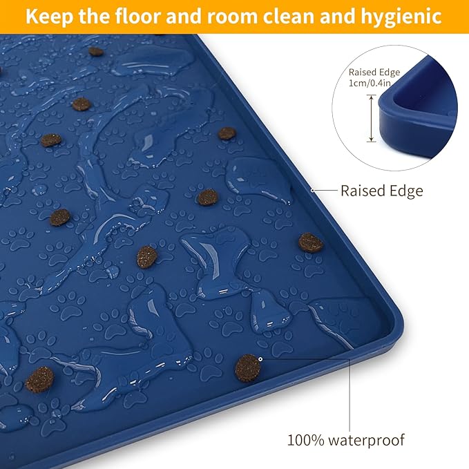 Ptlom Silicone Pet Placemat for Dog and Cat, Waterproof Anti-Slip Pet Feeding Bowl Mats for Food and Water, Small Medium Large Tray Mat Prevent Residues from Spilling to Floor, Navy Blue, 31.5" 23.6"