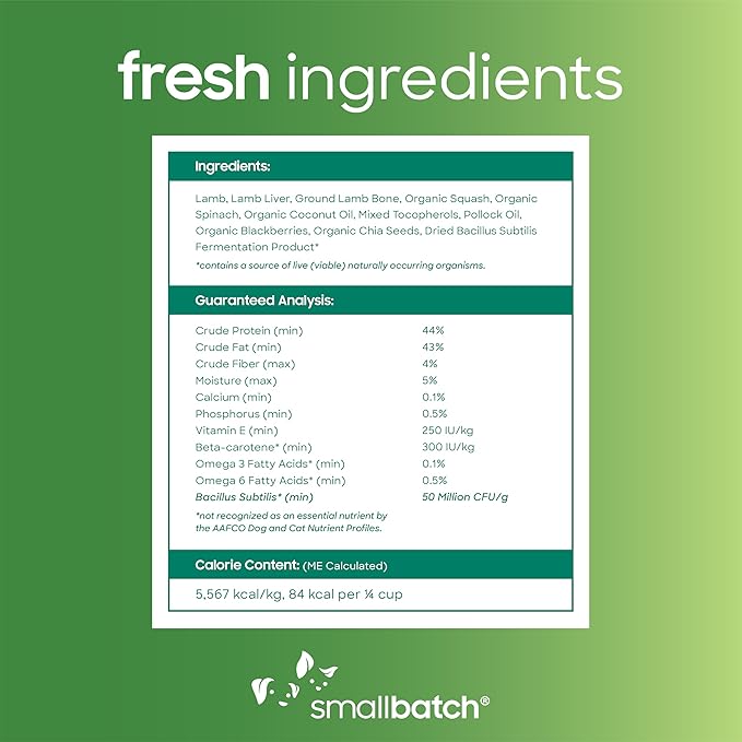 smallbatch Freeze Dried Dog Treats, Superfood Food Topper Lamb Bites for Dogs &amp; Cats, Probiotics, Organic Ingredients, High Protein, Grain Free Healthy Treat or Food Topper, Made in The USA, 7 oz Bag