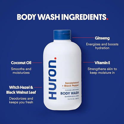 Huron Shower Kit - Shampoo, Conditioner, &amp; Body Wash For Men - Sandalwood + Black Pepper Scent - Hydrating &amp; Nourishing Men&