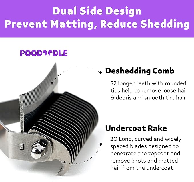 2 in 1 Undercoat Rake for Dogs and Cats, Professional Grooming Brush Dematting &amp; Shedding Comb to Remove Loose Hair, Matted Fur Efficiently, Perfect for Poodle, Doodle &amp; All Long Haired Pets