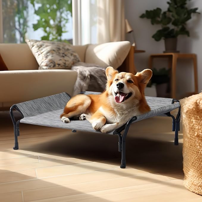 Veehoo Cooling Elevated Dog Bed, Raised Pet Cot with Guardrail &amp; Slope Headrest, Durable Breathable Teslin Mesh, Non-Slip Feet, Washable Dog Couch Bed for Indoor &amp; Outdoor, 39.5" x 28", Black Silver