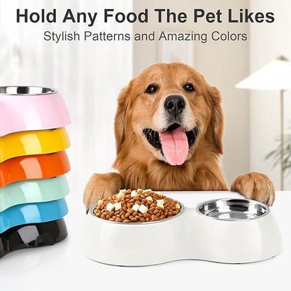 Double Dog Bowls Set – Non-Slip Pet Food &amp; Water Dishes with Resin Stand, Includes Small (1 Cup) &amp; Medium (2 Cups) Bowls – Ideal for Puppies, Cats, and Medium Dogs – White