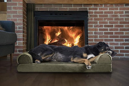 Furhaven Orthopedic Dog Bed for Large/Medium Dogs w/ Removable Bolsters &amp; Washable Cover, For Dogs Up to 55 lbs - Faux Fur &amp; Velvet Sofa - Dark Sage, Large