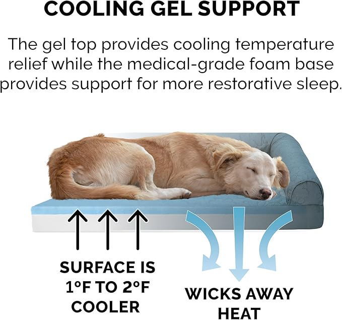 Furhaven Cooling Gel Dog Bed for Medium/Small Dogs w/ Removable Bolsters &amp; Washable Cover, For Dogs Up to 35 lbs - Pinsonic Quilted Paw L Shaped Chaise - Bluestone, Medium