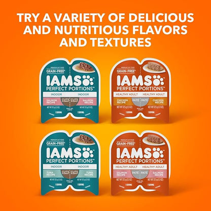 IAMS Perfect Portions Healthy Adult Wet Cat Food Pate, Chicken and Tuna Recipe Variety Pack, Easy Peel Twin-Pack Trays (12 Count, 24 Servings) (Pack of 2)