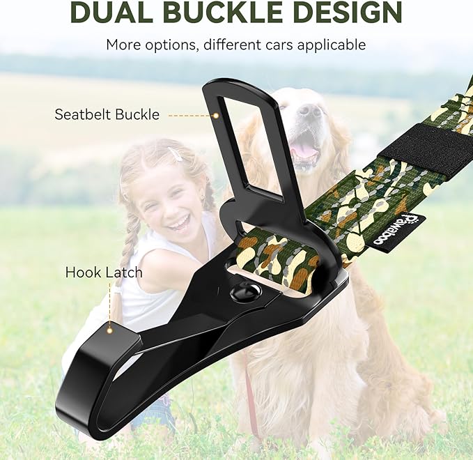 Pawaboo 2Pack Dog Seatbelt for Car, Dog Car Seat Belt Bungee, Dogs Tether with Buckle &amp; Hook Latch, Adjustable Reflective Dogs Cars Harness Leash with 360° Lockable Buckle, Army Green Camouflage