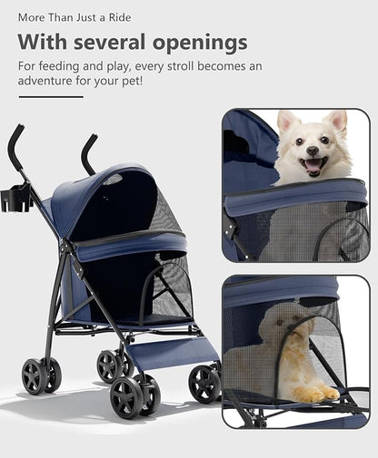 Pet Stroller with 4 Wheels for Small/Medium Pets, Portable Travel Foldable Carrier Jogger for Dog Cat Puppy Kitty, Rear Wheel Breaks, Storage Basket, Visible Mesh Weather Cover (Navy Blue)