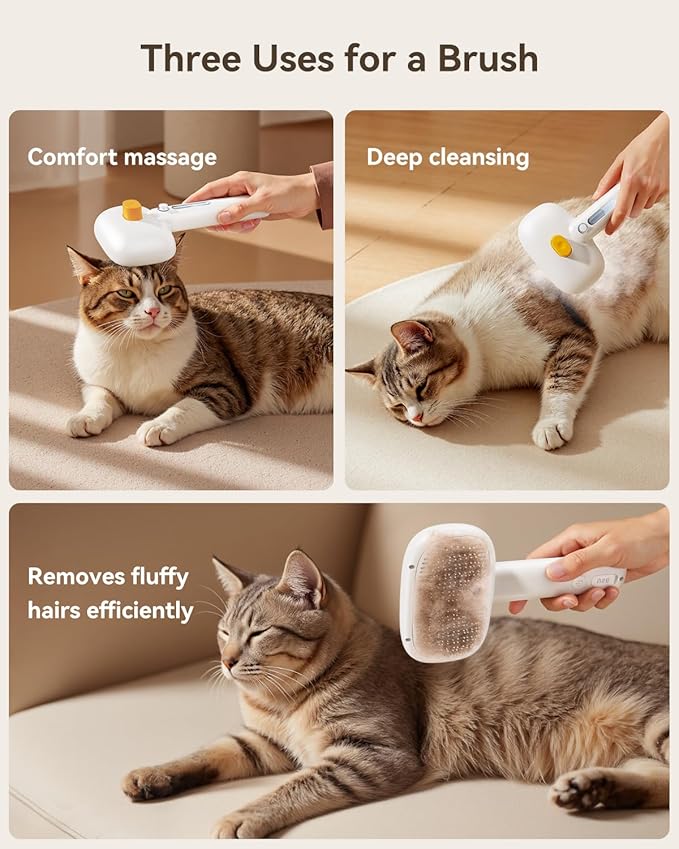 ROJECO 3-in-1 Pet Steam Brush for Cats&amp;Dogs-Pet Spray Hair Removal Detangling Comb with Adjustable Mist,Handheld Deshedding Grooming Tool for Long/Short Hair,Massage Brush &amp; Shedding Control,Cordless