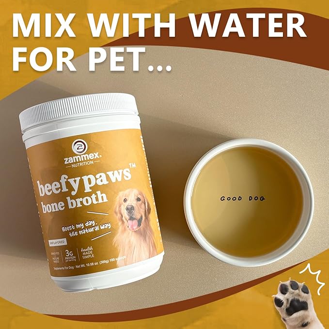 Zammex Grass-Fed Beef Bone Broth Protein Powder for Dogs &amp; Cats - Joint &amp; Bone Support, Healthy Fur Enhancer, Pet Food Topper for Dry &amp; Wet, 10.58oz
