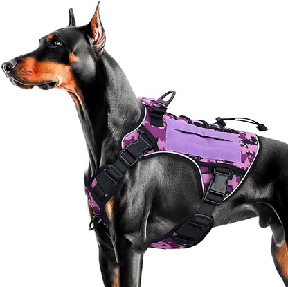 Heavy-Duty Tactical Dog Harness for Large Dogs, No Pull Adjustable Reflective Pet Vest with Molle System, K9 Military-Grade Control for Service Training, Outdoor &amp; 10+ Breeds, Purple Camo, Large