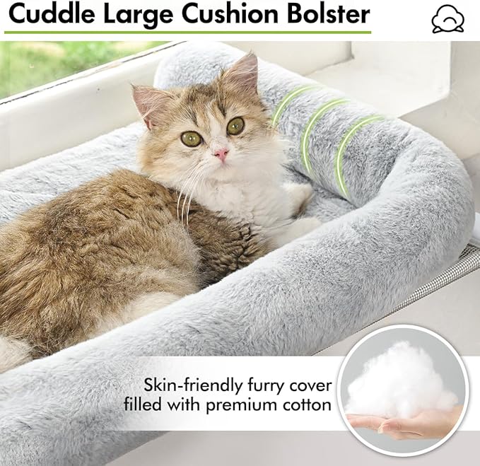 Cat Window Sill Perch with Large Bolster, Easy to Adjust &amp; Assemble Cat Window Seat for Windowsill &amp; Bedside, Pet Hammock Bed for Large Cats and Kittens (Grey, M)