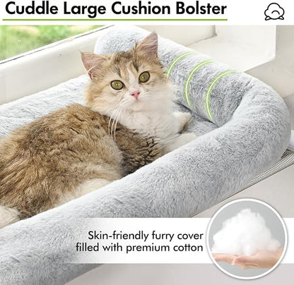 Cat Window Sill Perch with Large Bolster, Easy to Adjust &amp; Assemble Cat Window Seat for Windowsill &amp; Bedside, Pet Hammock Bed for Large Cats and Kittens (Grey, M)