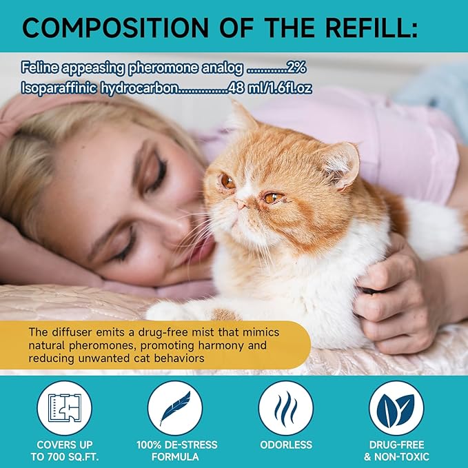 Cat Calming Diffuser Refills - Cat Pheromones Calming Diffuser for Cats Relieve Anxiety &amp; Stress, 2-Month Supply Cat Pheromone Diffuser Refills (Fits All Common Diffuser