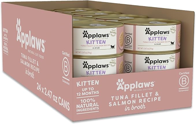 Applaws Natural Wet Kitten Food in Broth, Limited Ingredient Canned Wet Kitten Food, No Additives, Made with Natural Ingredients, Tuna Fillet &amp; Salmon in Broth (24 x 2.47oz Cans)