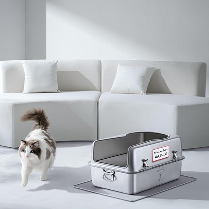 XL Metal Cat Litter Box with Lid – Non-Stick, Odor Control, Stainless Steel, Rust-Resistant, High-Sided – Easy to Clean with Handles, No-Slip Base, Leak-Proof Seal, 5 Clips, Cleaning Tracker