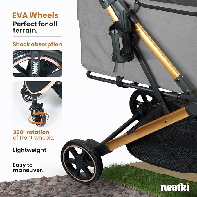Foldable Pet Stroller for Dogs and Cats, 33 lbs Capacity, 360° Swivel Front Wheels, One-Click Fold, Brake System, Leash &amp; Lock Clips, Removable Washable Padding, and Cup Holder (Gray, 33 lbs)