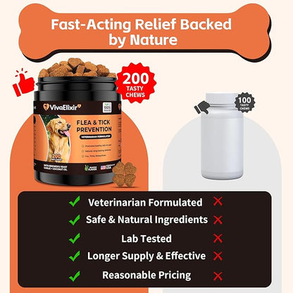 Flea and Tick Prevention for Dogs – 200 Soft Chews - Dog Flea and Tick Treatment &amp; Oral Flea Pills – Skin &amp; Coat Health - Made in USA - for Small, Medium, Large Dogs