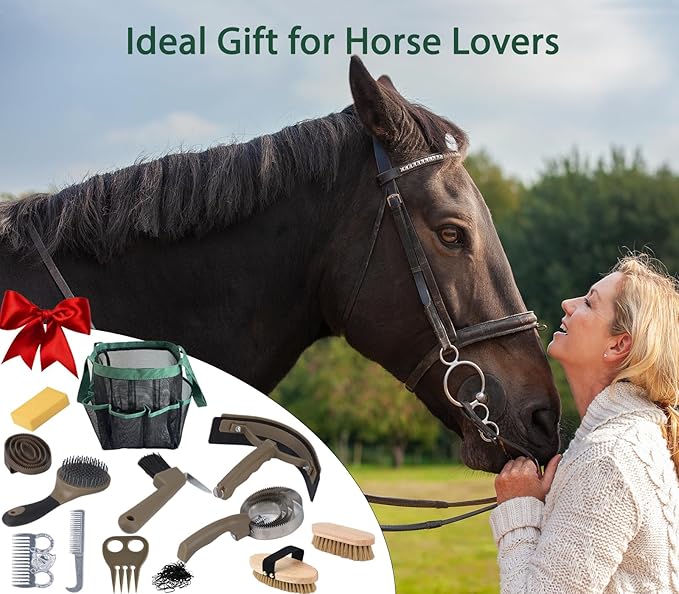 Horse Grooming Kit 13 Piece, Horse Brushes for Grooming Supplies Set with Organizer Bag, Horse Brush &amp; Curry Comb for Effective Cleaning, Gift for Horses Riders Beginners