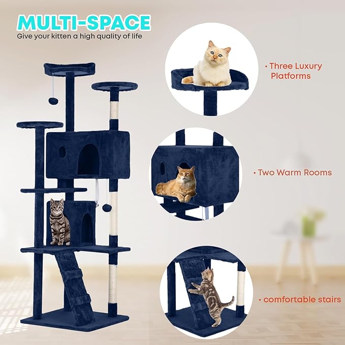 FDW Cat Tree 70in Cat Tower Multi-Level Durable Cat Scratching Post &amp; Cozy Fun Cat Jumping Platform Space Saving Cat Condo Pet Play House for Indoor Cats,Navy Blue