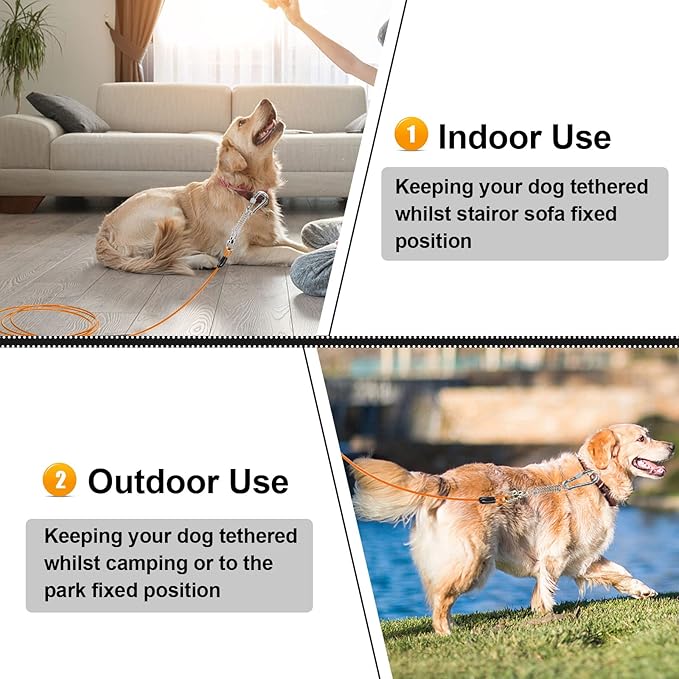 Jenico Dog Tie Out Cable, 10-150FT Runner Cable with Swivel Hook and Shock Spring, Yard &amp; Camping Dog Leash Tether for Small to Medium Pets Up to 500 LBS