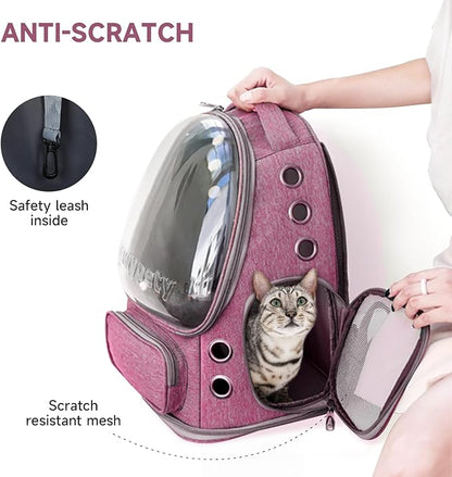 Cat Backpack Carrier, Breathable Cat Carrier Large Space Bubble Pet Backpack for Kitty Small Dog up to 15lbs, Transparent &amp; Foldable Pet Carrier for Travel Hiking（Pink）