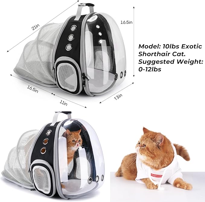 Lollimeow Cat Carrier Backpack, Bubble Expandable Backpack Carrier, Pets and Small Dogs,Airline-Approved, Designed for Travel, Hiking, Walking &amp; Outdoor Use (Back Expandable-Black)