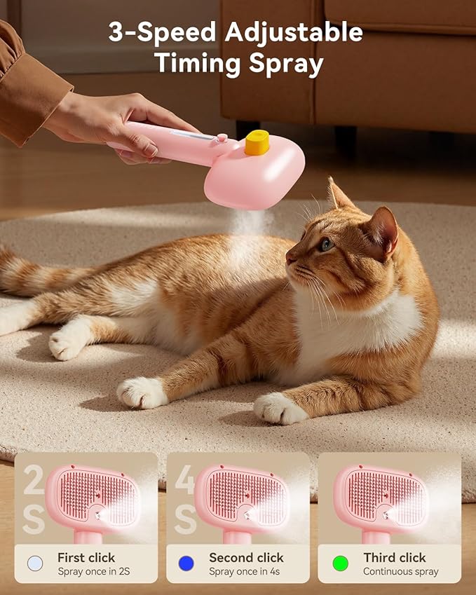 ROJECO 3-in-1 Pet Steam Brush for Cats&amp;Dogs - Detangling Comb with Adjustable Mist, Handheld Deshedding Grooming Tool for Long/Short Hair, Massage Brush &amp; Shedding Control Gift,Cordless,Pink