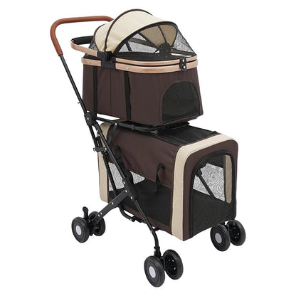2-Layers Pet Stroller for 2 Cats/Dogs,Foldable Lightweight 77lbs Capacity Carrier, 4 Wheels, Removable Basket &amp; Storage Pocket,for Small Pets (Coffee)